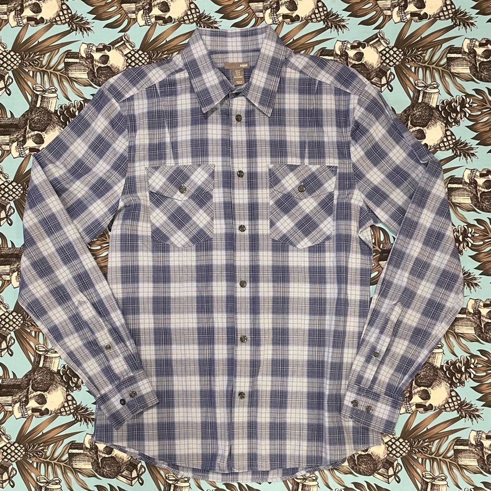 H&M Plaid Button Dress Shirt. Navy Slim Fit